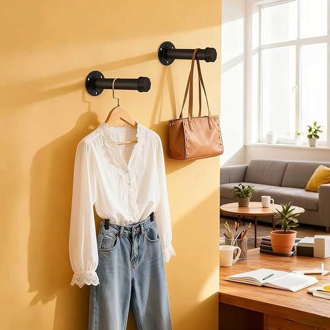 Heavy Duty Metal Clothing Hanging Rack 10 Inches Industrial Pipe Clothes Hanger Rack Wall Mounted Clothes Hanger Bar Small Closet Clothes Rods (2 Pack)