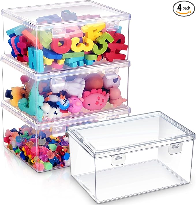4 Pcs 7.09 x 5.2 x 3.43 Inch Clear Plastic Playroom and Gaming Storage Organizer Box Containers Stackable Storage Bins with Lids for Shelves or Cubbies, Holds Puzzles Building Blocks