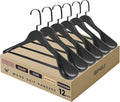 12-Pack Premium Wide Shoulder Wooden Suit Hangers, 16" Heavy-Duty Solid Wood Coat Hangers with Pant Bar for Women's Heavy Garments, Blazers, Jackets (Black)