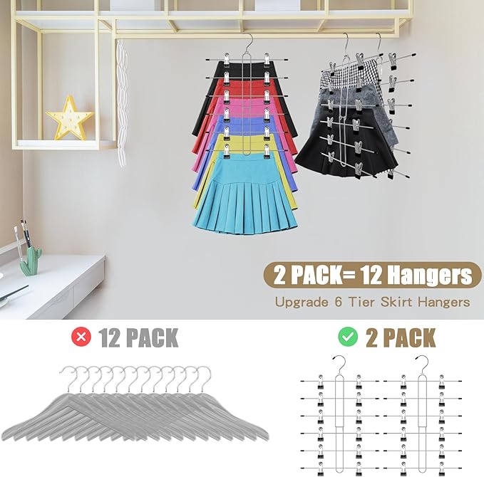 6 Tier Skirt Hangers Space Saving,2 Pack Pants Skirts Hangers with Clips for Women Closet,Non Slip Closet Organizer and Storage Multi Clothes Shorts Hanger Organization Dorm Room Essentials