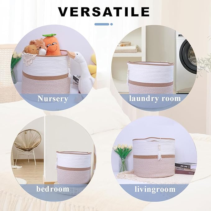 Large Woven Rope Laundry Hamper, Cotton Rope Storage Basket with Handles, Multipurpose Storage Basket for Laundry, Toys, Blankets in Bedroom, Bathroom, Living Room - Stylish & Durable (Brown, 55L)