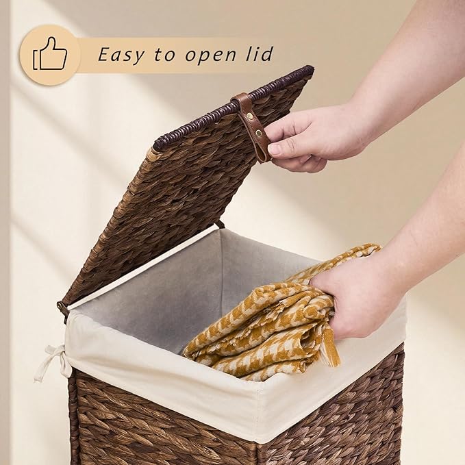 Mini Handwoven Laundry Basket with Lid, Natural Water Hyacinth Storage Basket with Handle, Removable Cotton Liner, Durable and Stylish for Bedroom, Bathroom, Laundry Room