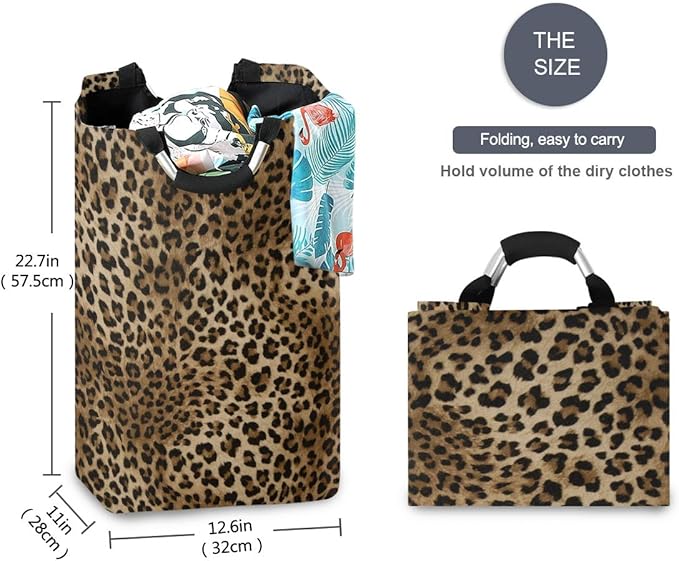 CaTaKu Leopard Brown Collapsible Laundry Baskets, Dirty Clothes Hampers for Laundry, Cheetah Print Large Hamper with Handles, Laundry Room Organization and Storage