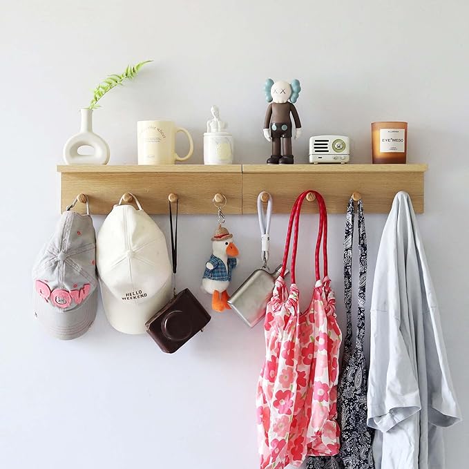 Entrance Coat Rack ，Coat Hooks, Wall-Mounted Wooden Hook Rack, Wall-Mounted Shelves are Very Suitable (Oak Color Finish—A-2)