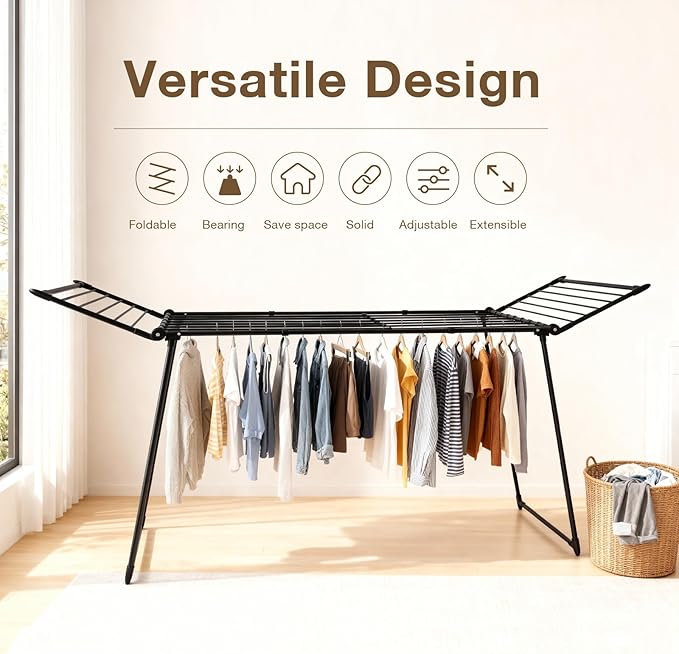 Expandable Clothes Drying Rack, Gullwing Laundry Drying Rack, Space-Saving, Towels, Linens, Indoor, Outdoor Black