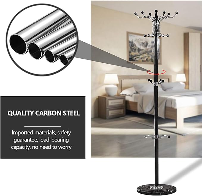 67" Metal Coat Rack Stand with Natural Marble Base, Free Standing Hall Tree with 16 Hooks for Hanging Scarf, Bag, Jacket, Home Entry-way Hat Hanger Organizer (Black)