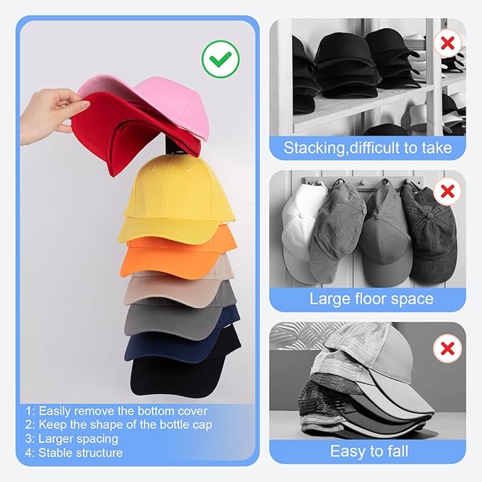 Hat Organizer for Baseball Caps, 2 Pack Hat Rack for Wall Hold up to 18 Hats Strong Adhesive Hat Hooks Stand Multilayer Hat Hanger Organizer Storage Holder Display for Door Closet Bedroom