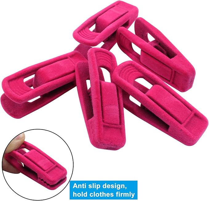 Hordion 20Pcs Pink Velvet Hangers Clips, Strong Finger Flocked Clips Felt Velvet Clip for Pants Skirt Thin Felt Hangers (Hot Pink)