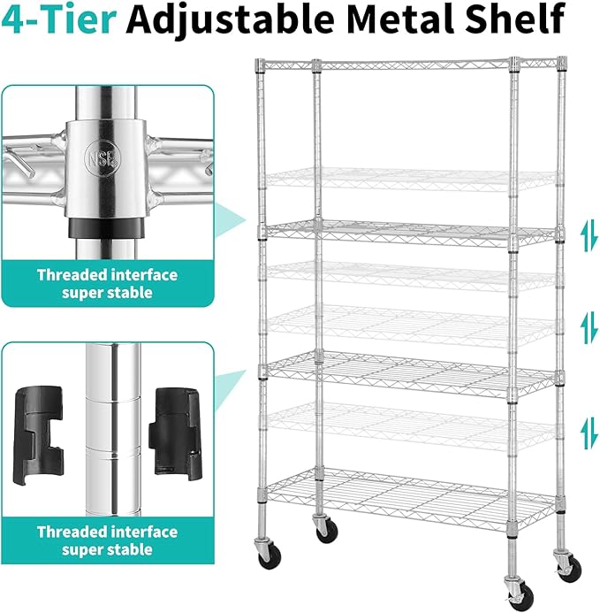 YRLLENSDAN Storage Shelves with Wheels, Heavy Duty 4 Tier Garage Storage Rack, Adjustable Wire Shelving Unit, Metal Shelf Organizer for Pantry, Kitchen, Basement, 36" W x 14" D x 62" H, Chrome