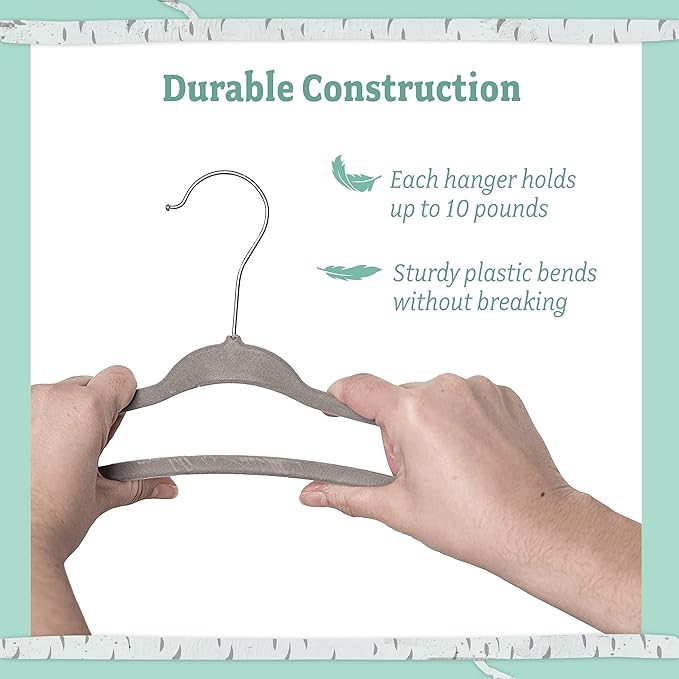 Baby Nest Designs Kids Plastic Velvet Hangers for Closet, Children Non-Slip Hangers Dividers for Nursery Closet Organizer, Grey - Pack of 15