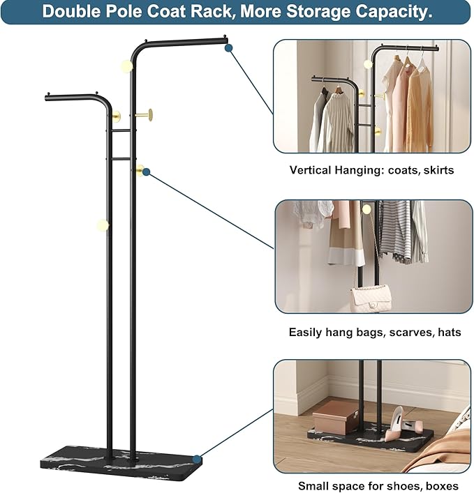 HOMEFORT Coat Rack, Freestanding Metal Coat Racks, Double-pole Clothes Hat Stand with 5 Hooks for Closet, Bedroom, Entryway, Living Room, Black