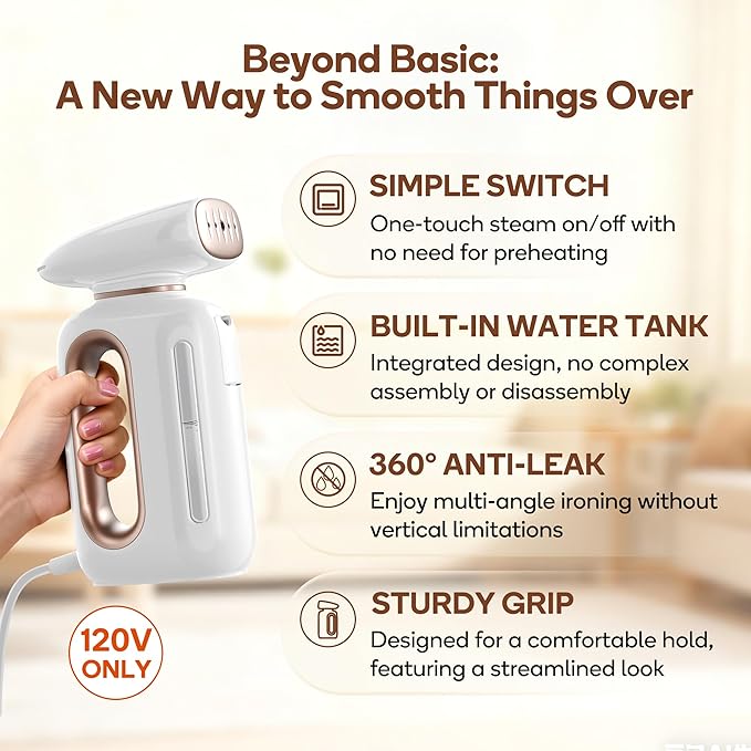 Newbealer Handheld Fabric Steamer for Clothes, 850W Portable Wrinkle Remover with Horizontal & Vertical Steaming, 30s Fast Heat Up, 230ml Water Tank, for Home, RV & Hotel(Only for 120V)