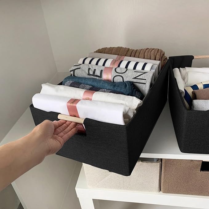 Fabric Storage Basket for Shelves, Collapsible Storage Bins with wood Handles, Rectangle Closet Baskets, Wardrobe Organiser, for Sorting Clothes, Family Items (Black) (1)
