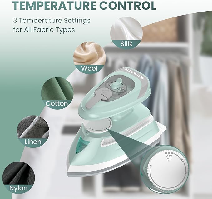 Mini Travel Steam Iron for Clothes with Dual Voltage, Temperature Control, Non-Stick Soleplate and Cord Storage, Ideal for Sewing, Quilting and Handcraft