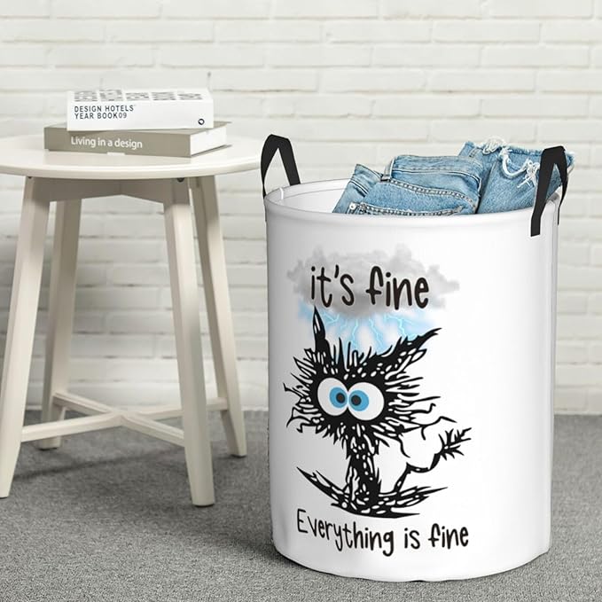 Laundry Basket Cute Black Cat Room Decor,Round Laundry Hamper Waterproof Dirty Clothes Hamper Collapsible Laundry Baskets With Handles,Toy/Clothes Storage Basket For Home Dorm Black Cat Bathroom Decor
