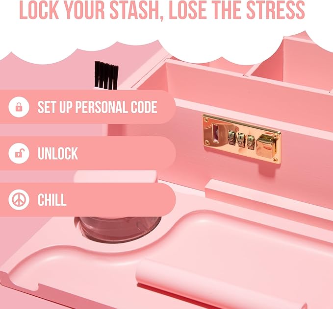 HASHSTASH The OG Storage Box - Large Bamboo Box with Combination Lock, Magnetic Lid, Organizer Tray, Tube, Brush and 3 Jars - Discreet Decorative Stash Storage Lock Box with Accessories (Pink/Gold)