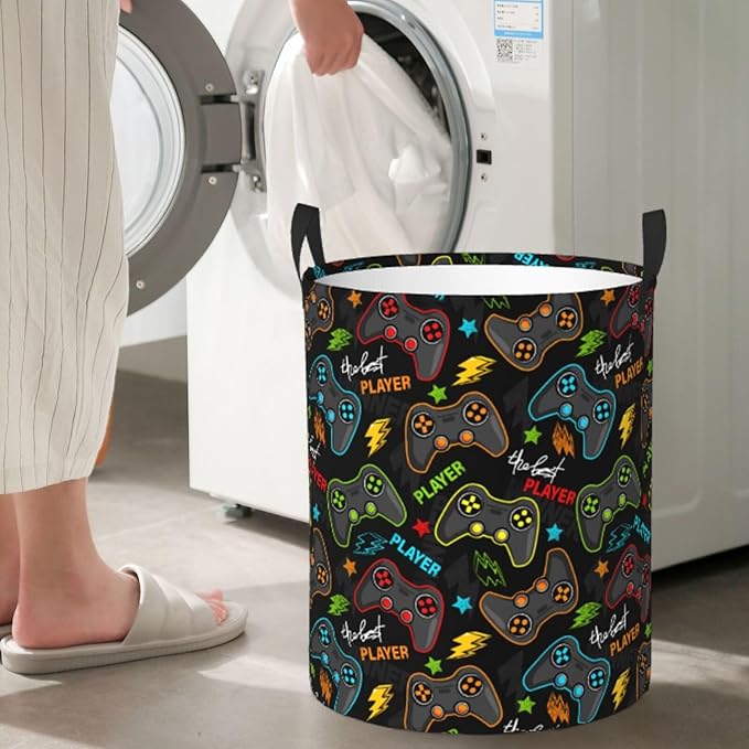 Video Game Controller Round Laundry Hamper Gaming Joysticks Storage Basket Toys Clothes Organizer Bin For Home Bathroom Bedroom Dorm Nursery, 62l