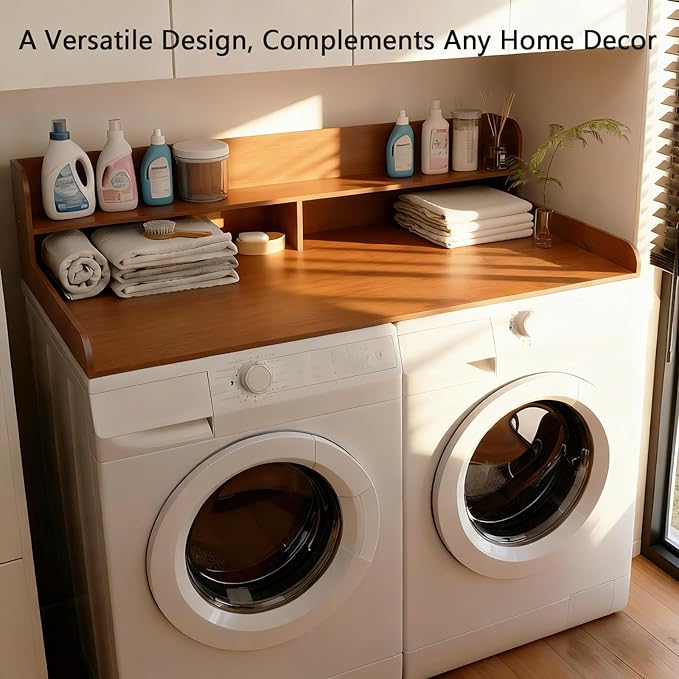 Fabuday 2-Tier Wood Washer Dryer Countertop with Shelf - Two Layers Laundry Topper for Storage & Organization, 54''x27.5''x11.9'' Counter Table with Edge Over Washing & Dryer, Satin Walnut Finish
