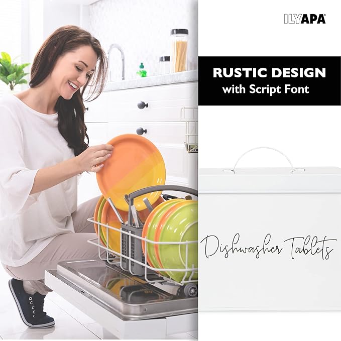 Ilyapa Dishwasher Pod Tablet Holder - Galvanized White Powder Coated Farmhouse Kitchen Storage Container, Farmhouse Durable Detergent Containers