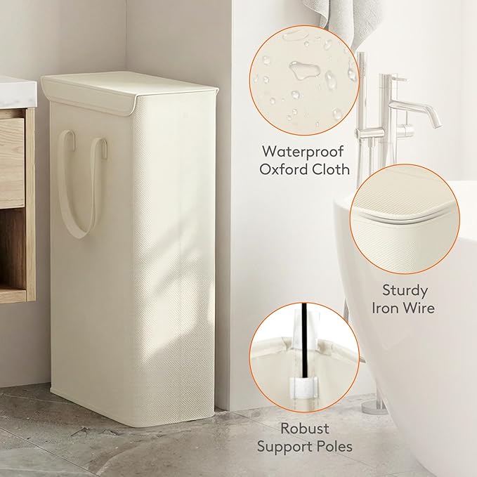 Lifewit Thin Laundry Basket with Lid, Slim Laundry Hamper, Small Dirty Clothes Hamper with Handles for Laundry Room Bedroom Closet, 65L White, 16.1"L x 8.7"W x 28.3"H