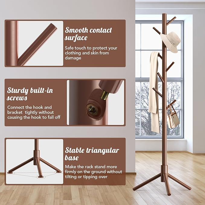 Wooden Coat Rack Freestanding with 8 Hooks,Easy Assembly New Zealand Pine Tree Coat Racks, 3 Adjustable Sizes for Clothes, Hats, Bags, for Entryway, Hallway, Bedroom, Office (Brown, 1 PC)