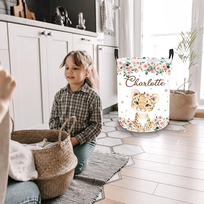 Custom Baby Girl Laundry Basket for Nursery, Personalized Name Pink Lion Baby Laundry Hamper with Handles, Customize Baby Clothes Hamper for Toddler Girls Adults 2 Sizes