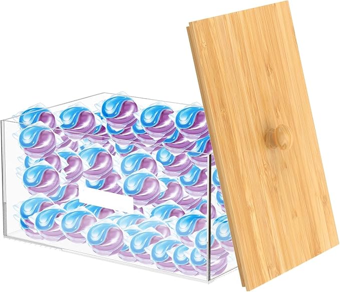 Acrylic Dryer Sheet Holder, Clear Dryer Sheet Container with Bamboo Lid and Labels, Dustproof Laundry Pods Container, Dryer Sheet Dispenser Box for Laundry Room Organization and Storage