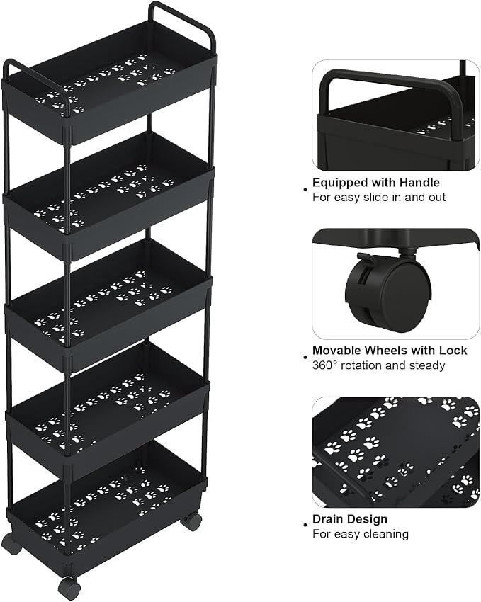 Buzowruil Rolling Storage Cart 5 Tier Organizer Mobile Shelving Unit Storage Rolling Utility Cart with Wheels for Kitchen Bathroom Laundry,Black