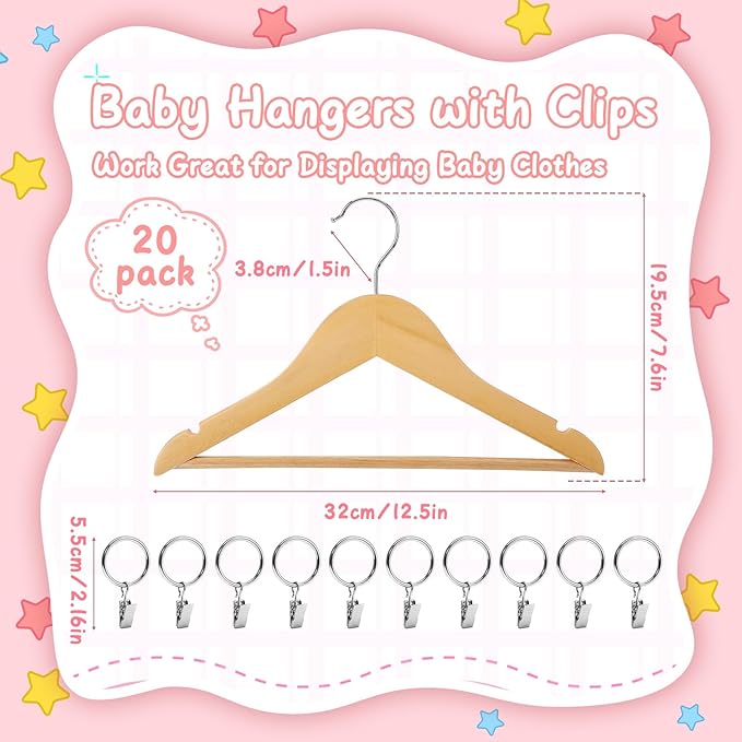 20 Pack Wooden Baby Hangers Wood Kids Hangers with Ring Clips for Closet Children Clothes Hangers with Pants Bar Shoulder Notches Swivel Hooks,12.5X 7.5 Inches