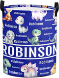 Large Custom Name Laundry Hamper, Dinosaur Personalized Dirty Clothes Hamper Storage Basket with Name for Bathroom Bedrooms, Customized Name Circular Hamper with Handles for Baby Boys Girls Men Women