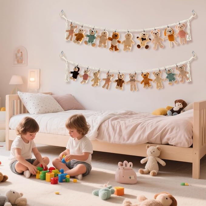 80" 2-Pack Cotton Hanging Storage Chain For Stuffed Animals Storage with 20 Metal Clips, Stuffed Animal Organizer Chain for Wall Corner Nursery Play Room, White