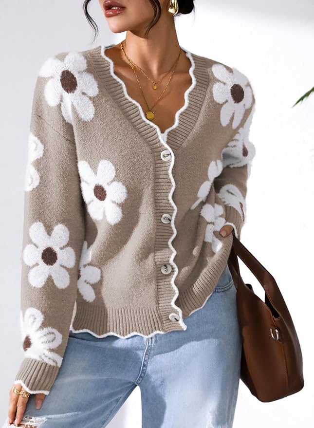 Pink Queen Fuzzy Sweater Cardigan for Women 2025 Fashion Long Sleeve Flower Outerwear Button Down Open Front Cardigan Coat