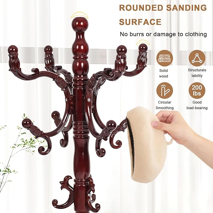 Solid Wood Coat Rack, Free Standing Hall Coat Tree with 14 Hooks, 3 Height Options, 300lbs Load, Stury Base, Clothes Rack for Entryway, Hallway, Bedroom (Disc Base - Rosewood)