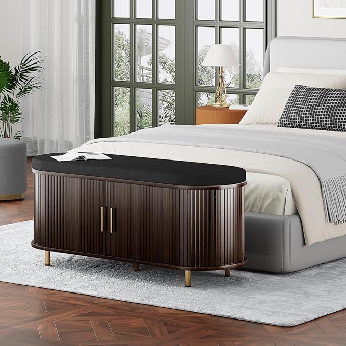 Entryway Bench with Storage: 43.31" Wooden Bedroom Shoe Bench with Thickened Padded Seat Cushion, Mid Century Modern Fluted Sliding Door and Adjustable Shelf, for Entryway, Living Room