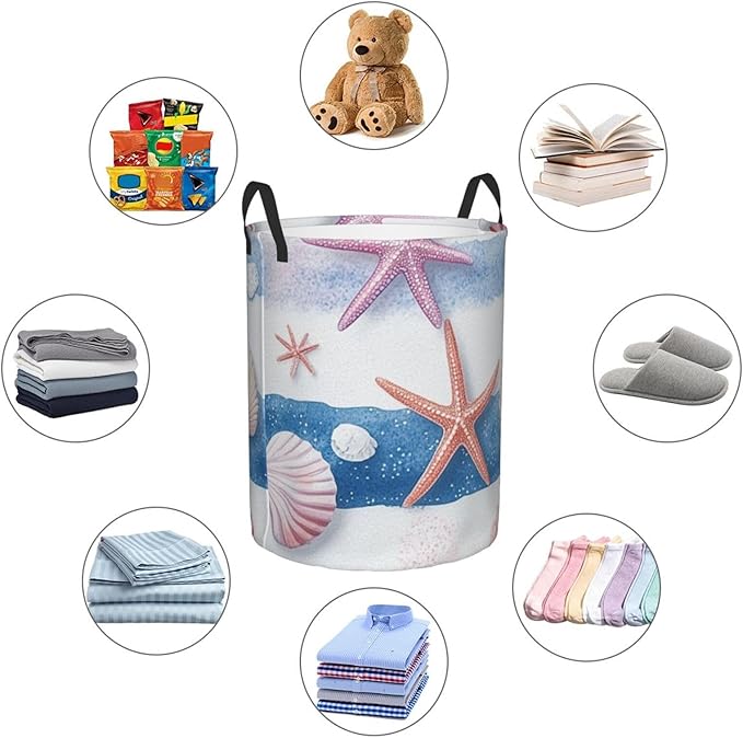 Ocean Seashell And Starfish Print Laundry Basket For Storage Bins Gift Baskets Bedroom Clothes Hamper