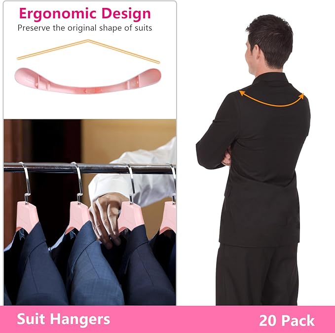 DEDU Suit Hangers for Men 20 Pack, Sweater Hangers No Shoulder Bump Non Slip Width 17.7", Plastic Clothes Hangers Pink with Metal Hook