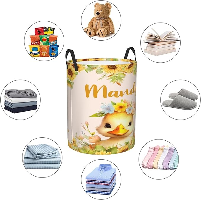 Personalized Duck Sunflower Laundry Basket For Baby Kids Boys Girls Adult Custom Hamper Basket With Name For Bathroom Bedrooms Collapsible Baby Laundry Basket, Dirty Clothes Hamper With Handles