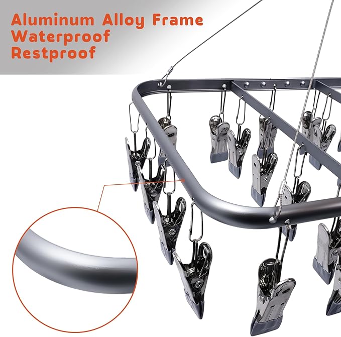 Aluminum Alloy Clothes Drying Hanger with 26 Clips, for Drying Socks, Baby Clothes, Bras, Towel, Underwear, Hat, Scarf,Gloves and Small Items，Matte Grey