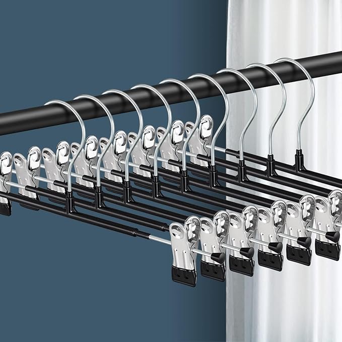 10 Pack 12Inch Heavy Duty Pants Skirt Hangers with Clips,Metal Trousers Hanger for Jeans Black Non Slip Women Shorts Hangers Saving Space Clothing Hanger for Adult,Men,Children,Kid,Baby