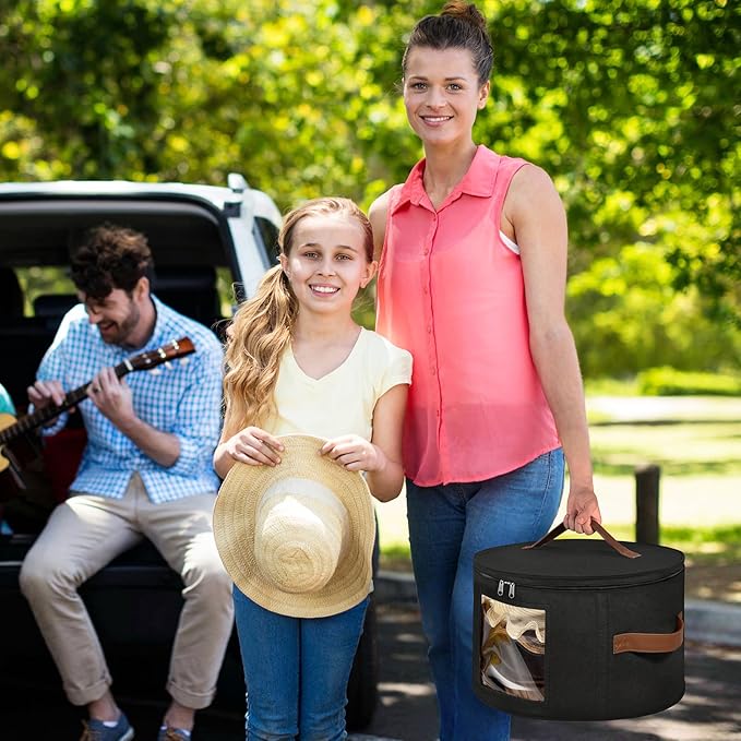 Lifewit Round Cowboy Hat Box for 7 Caps, Large Felt Hat Organizer Bag for Men&Women Storage, Baseball Cap Container with Lid for Travel, Foldable 16.5" Dx10.6 H Carrier, 37L Each, Black 2 Pack