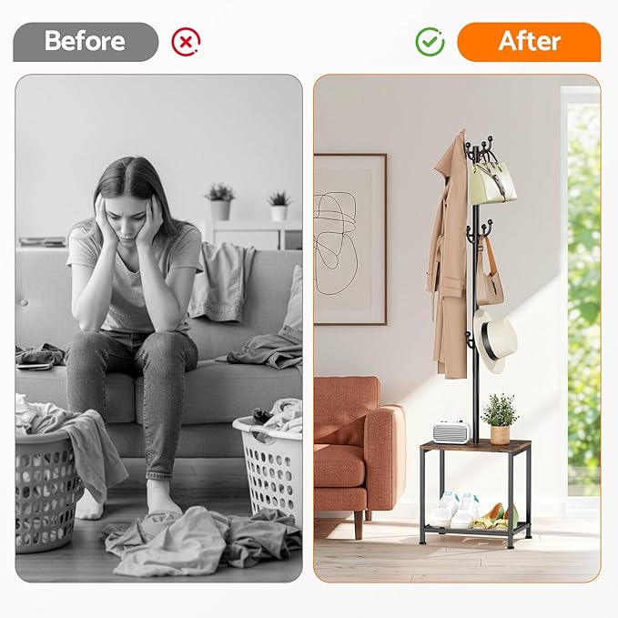Coat Rack Freestanding, Hat Rack Hall Tree with Bench and Shoe Storage, 3-in-1 Coat Hanger Purse Rack Bag Rack Coat Tree Clothes Tree, Vintage Entryway Corner Coat Rack with Shoe Storage