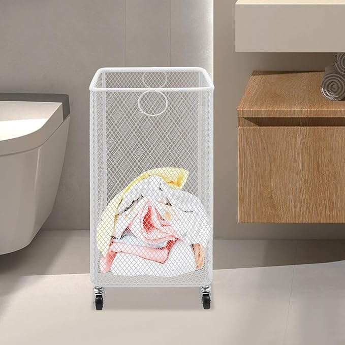 Laundry Basket on Wheels, Large Rolling Laundry Hampers, Stackable Storage Cart with Handles Removable Wire Organizer Baskets Clothing Sorting Rack (White, Square)