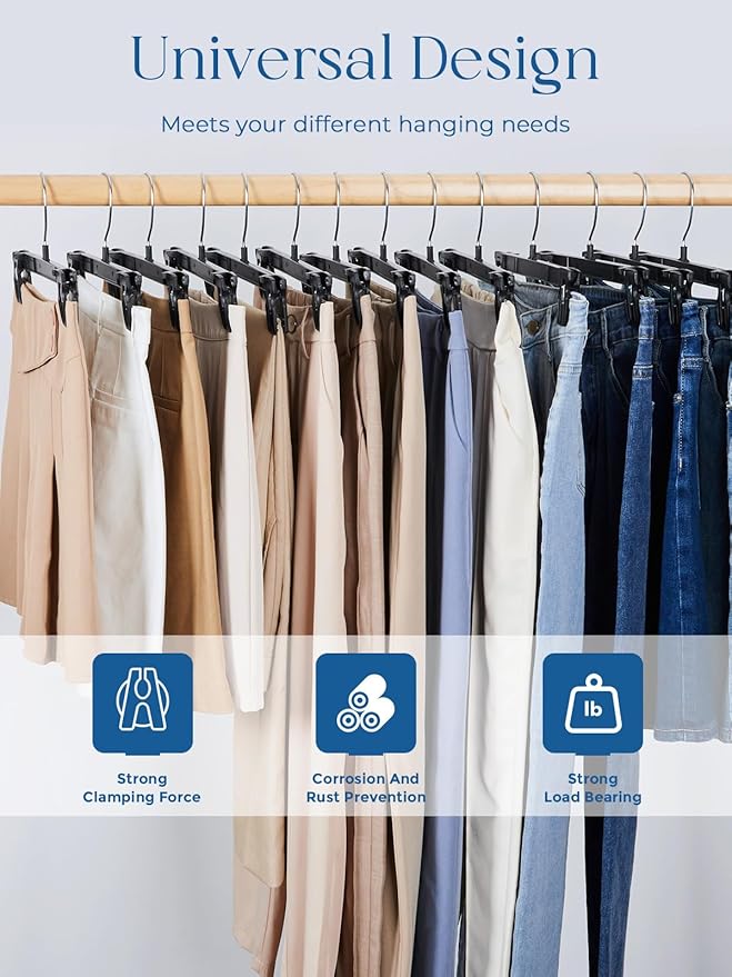 Smartor Plastic Pants Hangers - 30 Pack, Black Pant Hanger, Shorts Hangers with Non-Slip Clips, Dress, Heavy Duty Hanger for Trouser, Slack, Skirt, Demin Jean, Dress - 14 Inch