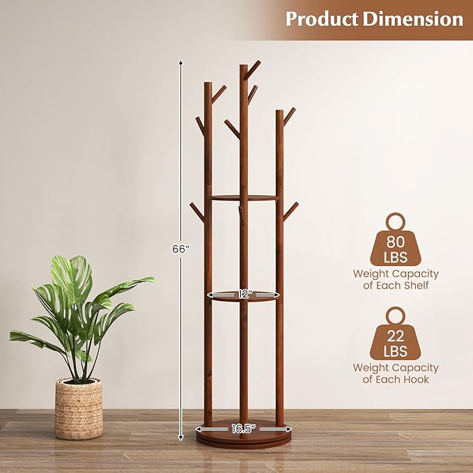 Tangkula Coat Rack Freestanding, Rotary Wooden Coat Tree with 3 Display Storage Shelves & 9 Hooks for Coats, Scarves, Hats & Bags, 66 Inches Coat Hanger Stand for Entryway, Bedroom, Office (Walnut)