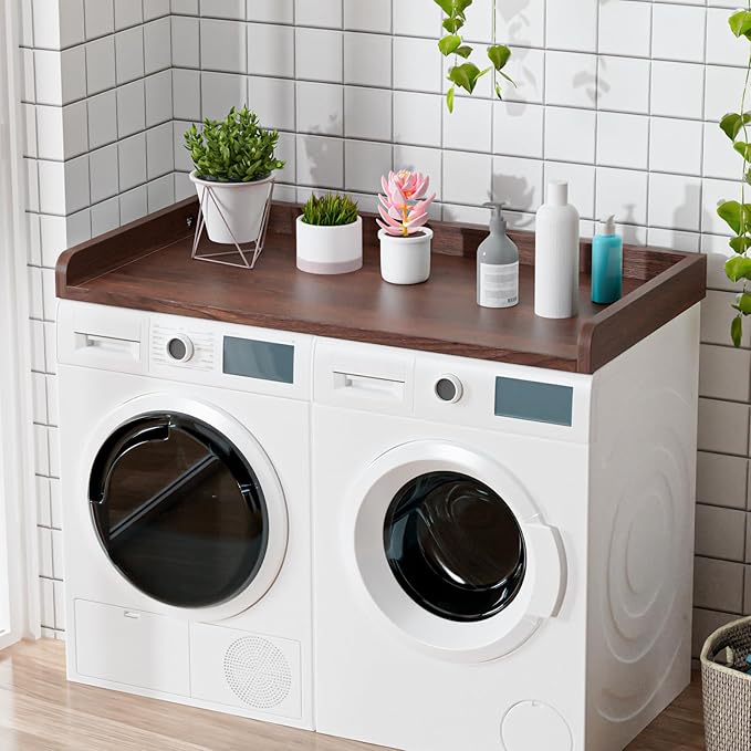 Washer Dryer Countertop, 27.5" Depth x 54" Width, Washer Dryer Wood Top for Laundry Room Organization, Melamine Countertop with Edge Rails