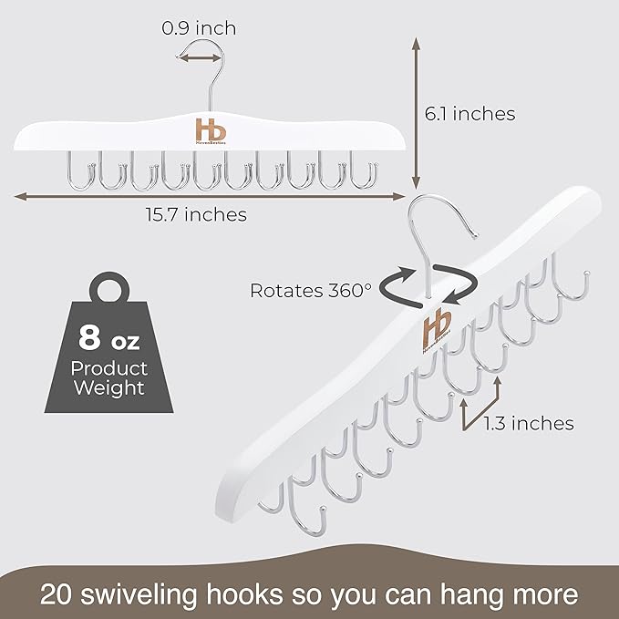 Large Bra Hanger and Bra Organizer for Closet – Tank Top Hanger Space Saving for House, Dorm, Apartment - Foldable Wooden for Closet Organizer– with 20 Hooks, Lotus Wood, White, 2 Pack