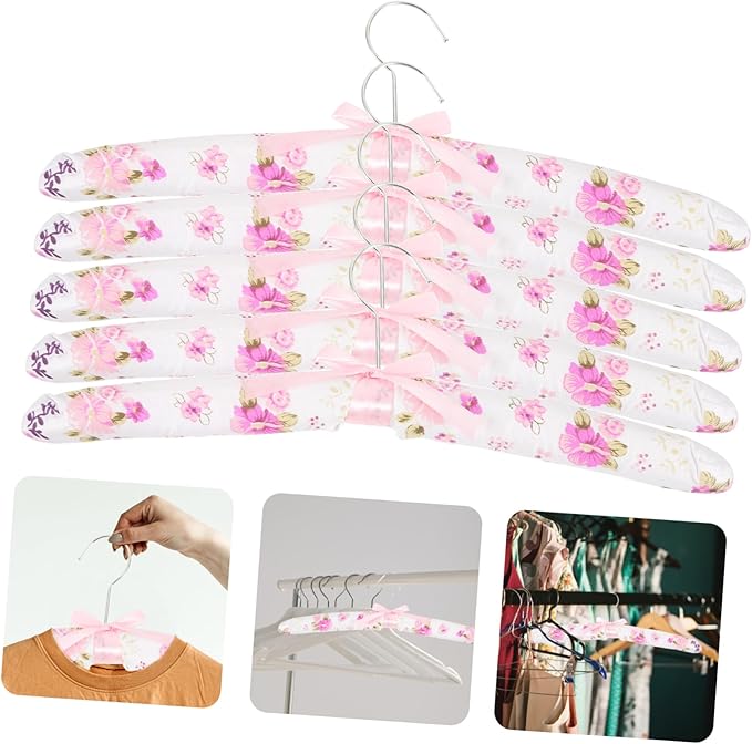5-Pack Soft Padded Clothes Hangers with Anti-Slip Floral Fabric Cover and Sponge Core for Gentle Support of Sweaters Dresses and Suits Closet Organization