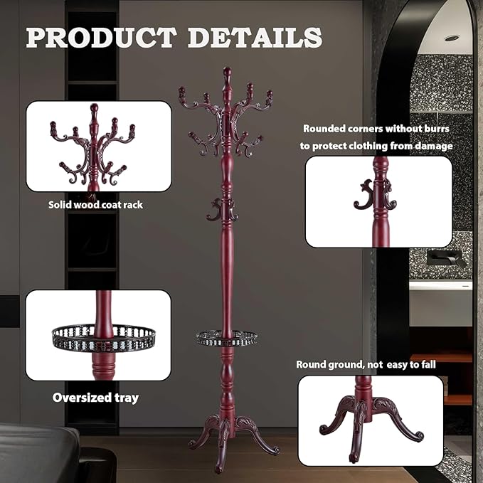Coat Racks FreeStanding with 14 Hooks, Natural Wood Coat Rack with Solid Round Base, Adjustable Height Coat Racks, Easy Assembly for Hallway, Bedroom and Office (Reddish brown-Tray)