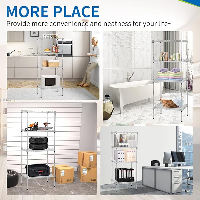 YRLLENSDAN Wire Shelving Unit with PP Liners, 4 Tier Metal Storage Shelves for Laundry Room Organization, Closet Shelf Organizer, Kitchen Rack, Garage Storage, Chrome, 18" x 12" x 44" ﻿