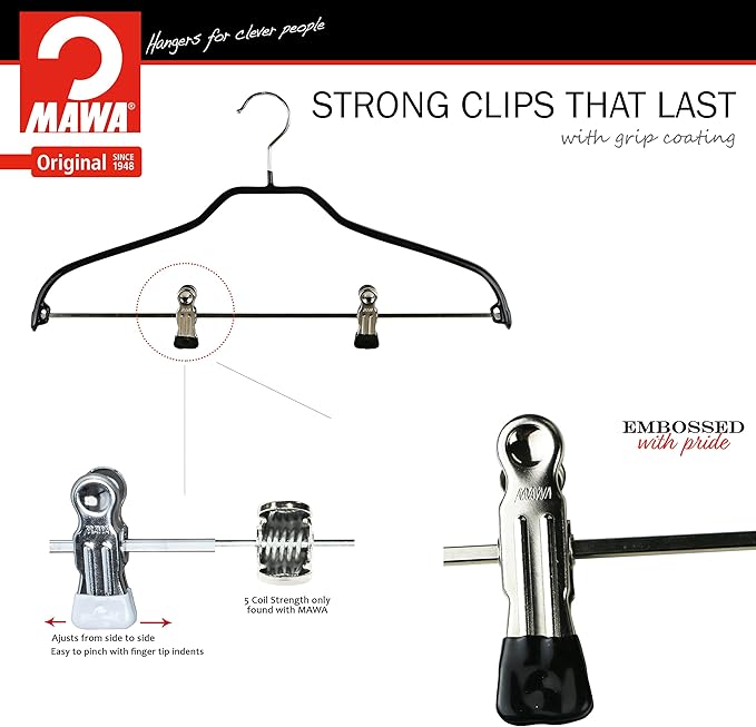 Mawa by Reston Lloyd Silhouette Series Non Slip Space Saving Hanger with Pant Clips, Style 40/FK,Set of 5, Black